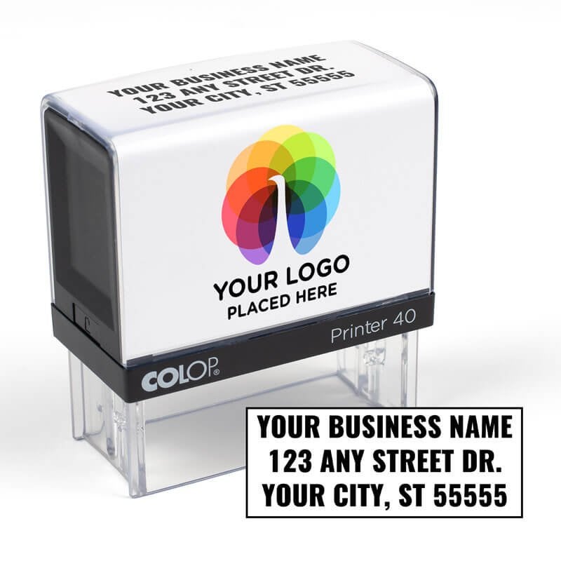 The Branded Business Address Stamp body and impression example