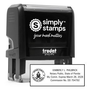 Florida notary self inking stamp with Trodat Printy 4914 body shown next to a clear stamped impression