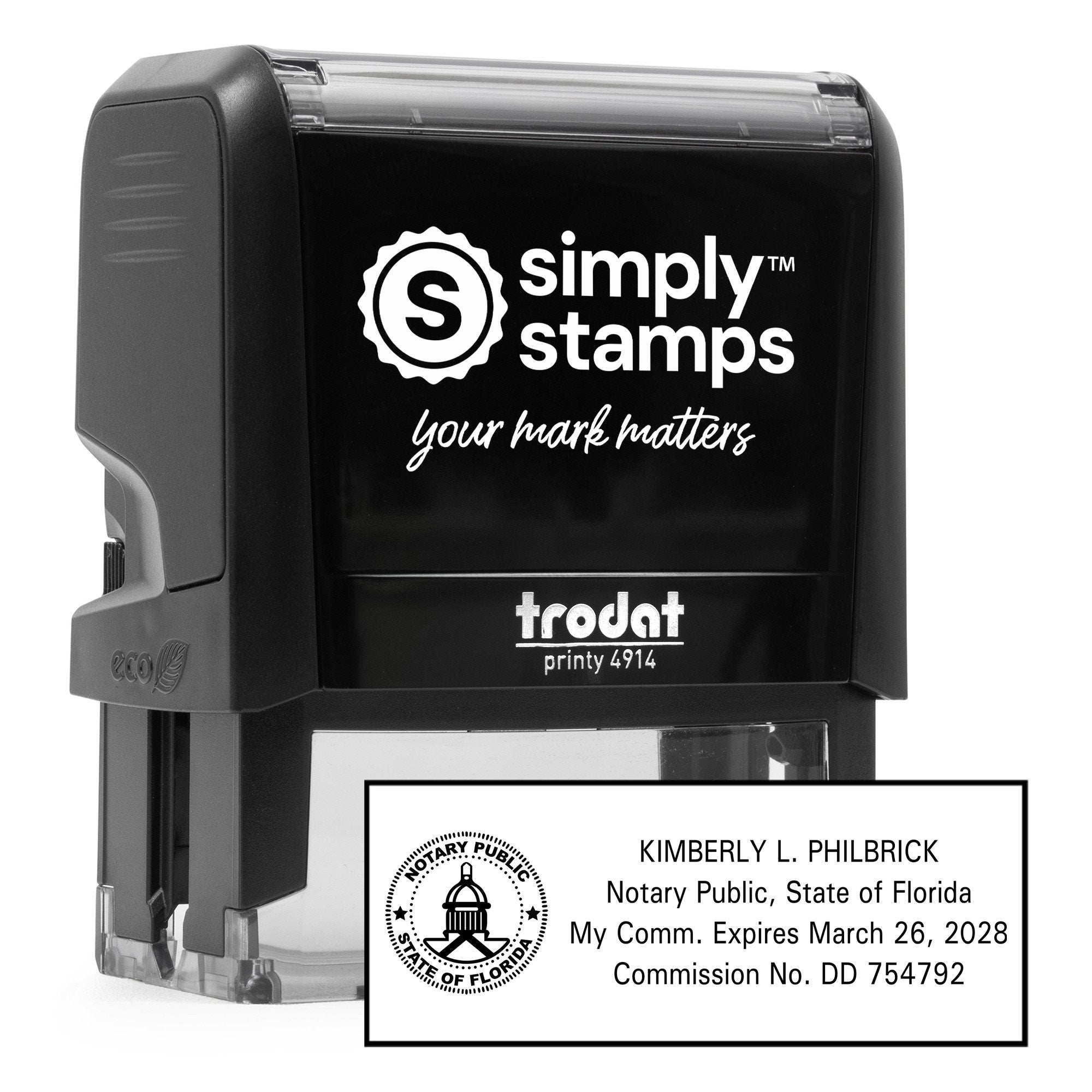 Florida notary self inking stamp with Trodat Printy 4914 body shown next to a clear stamped impression