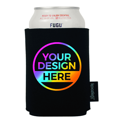 Black Koozie® can cooler with rainbow circle design and black custom text inside
