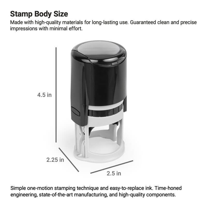 Self-inking notary stamp with size dimensions for height, width, and base diameter.