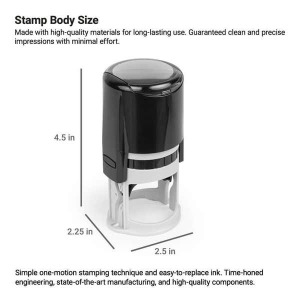 Notary stamp body dimensions showing height, width, and base size measurements.
