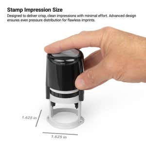 Hand pressing notary stamp with labeled impression size dimensions.