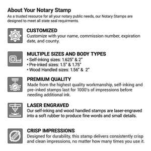 Notary stamp features: customization, multiple sizes, premium quality, and laser engraving.  