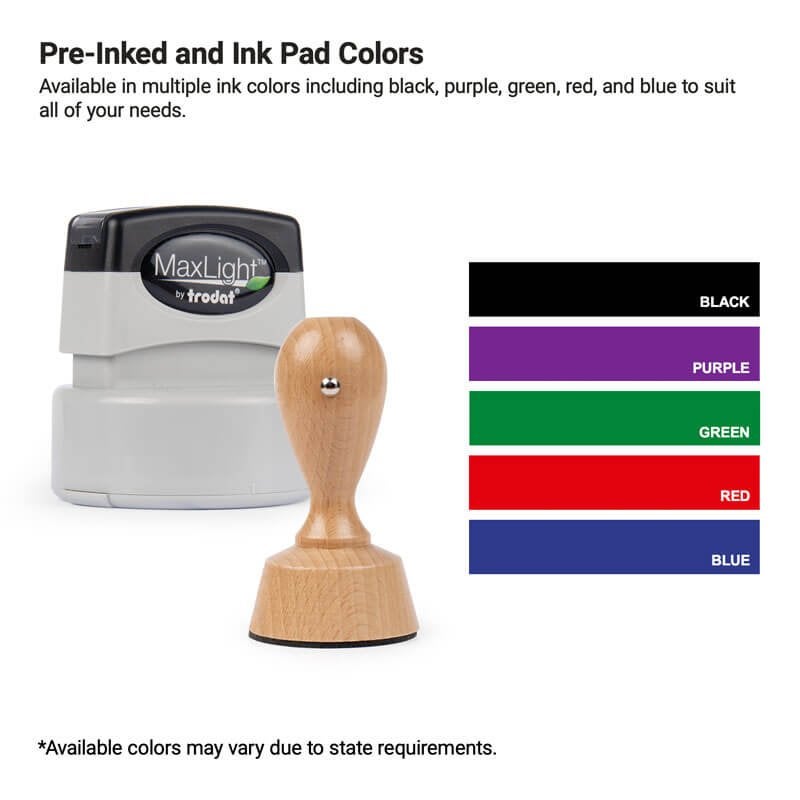 Pre-inked and wood-handled notary stamp options are shown with available ink colors: black, purple, green, red, and blue.