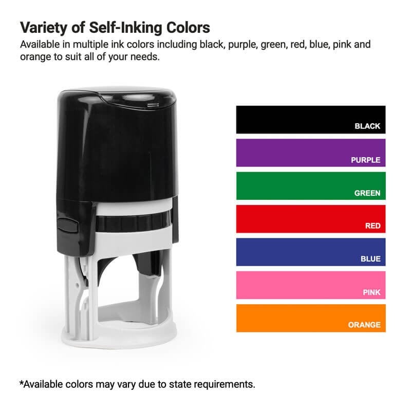 Self-inking stamp displayed with ink color options: black, purple, green, red, blue, pink, and orange.