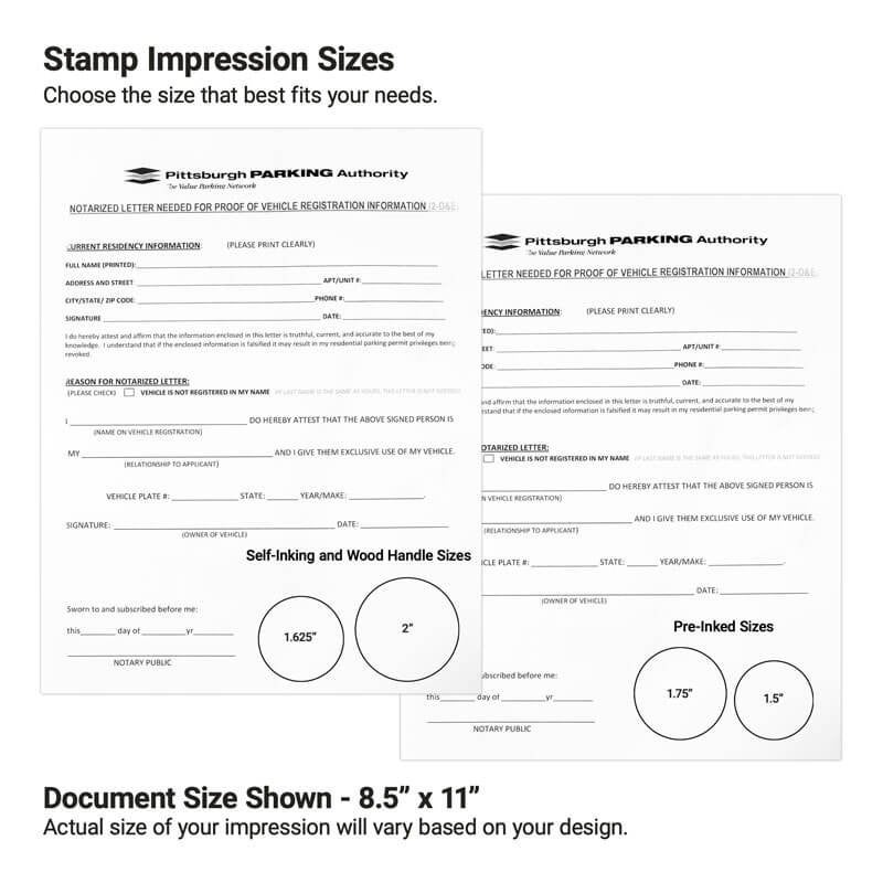 Notary stamp impression size guide with sample forms and inch round imprint examples.
