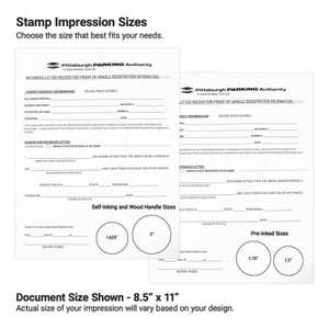 Notary stamp impression size guide with sample forms and inch round imprint examples.