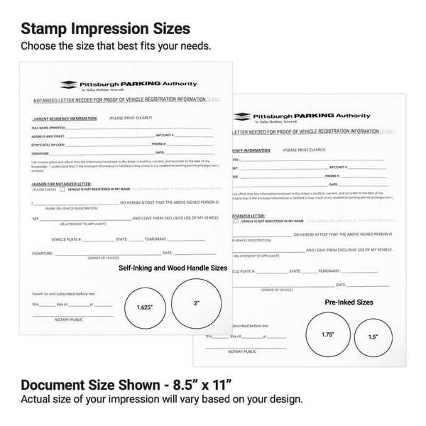 Notary stamp impression size guide with sample forms and inch round imprint examples.
