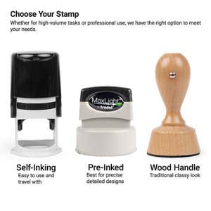 Self-inking, pre-inked, and wood-handle notary stamp options side by side.