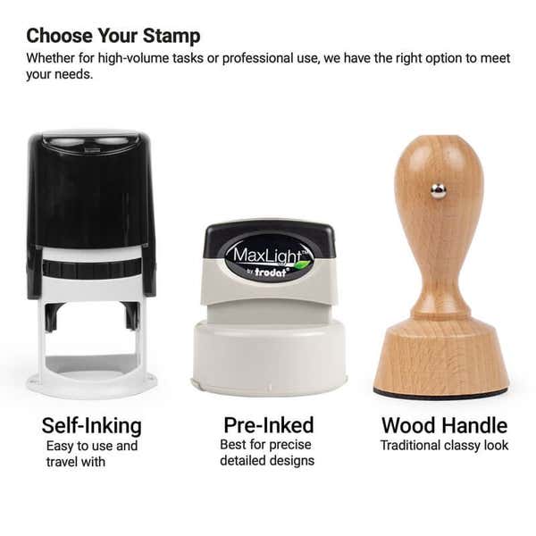 Self-inking, pre-inked, and wood-handle notary stamp options side by side.