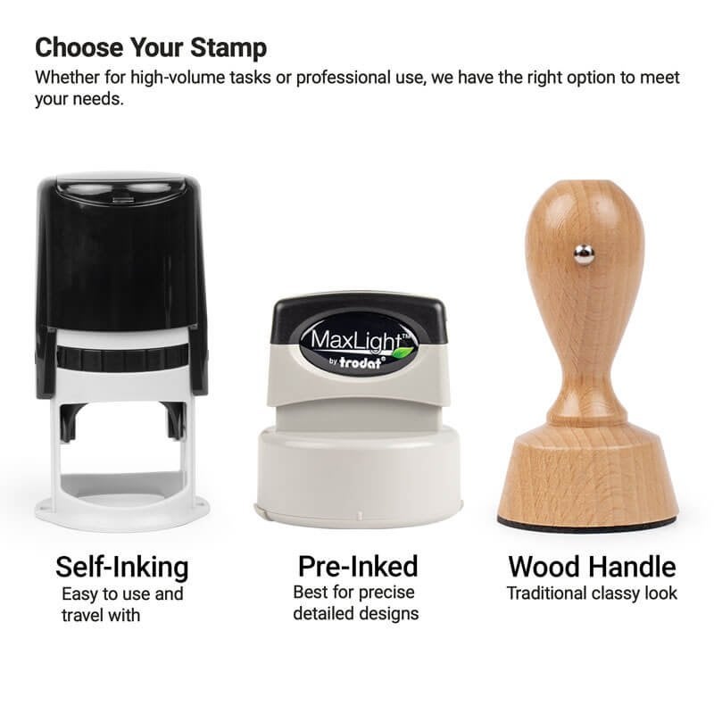 Self-inking, pre-inked, and wood handle notary stamp options.
