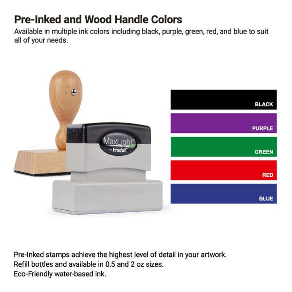 Ink colors for pre inked and wood handle stamps shown in black, purple, green, red, and blue