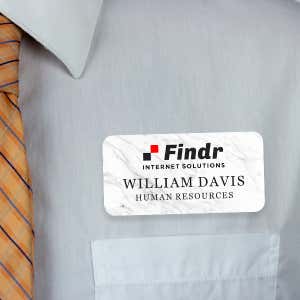 1.5" x 3" UV Printed Full Color Upload Your Logo Name Tag on Marble Background on White Shirt with Tie