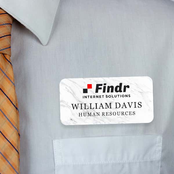 1.5" x 3" UV Printed Full Color Upload Your Logo Name Tag on Marble Background on White Shirt with Tie